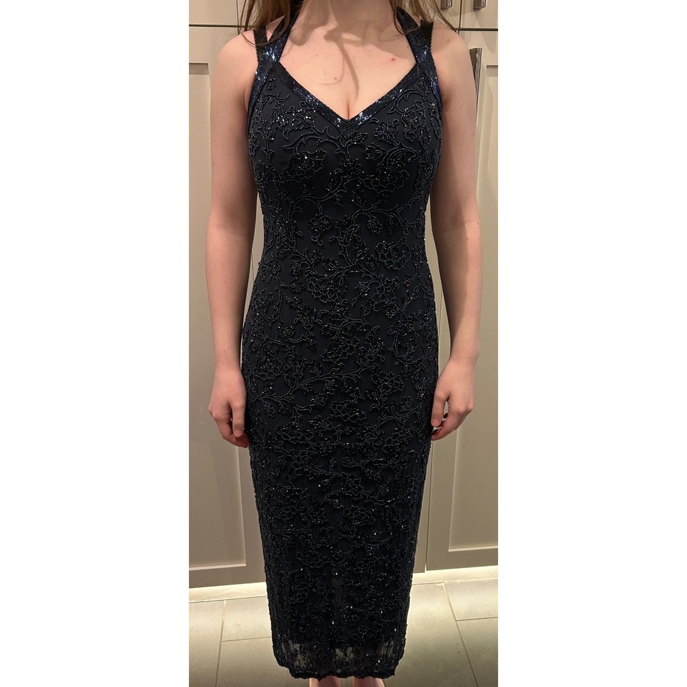 Oleg Cassini Black Tie Navy Blue Silk Beaded Sequin Formal Evening Gown Dress 6